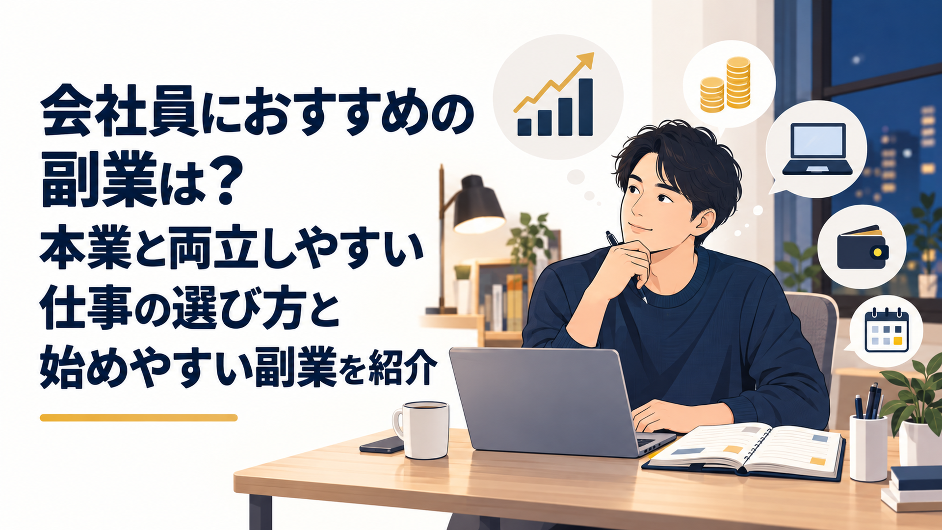 夜の自宅でノートパソコンと手帳を広げ、本業と両立できる副業を検討する30代の日本人会社員。落ち着いた自然光と清潔感のあるデスク