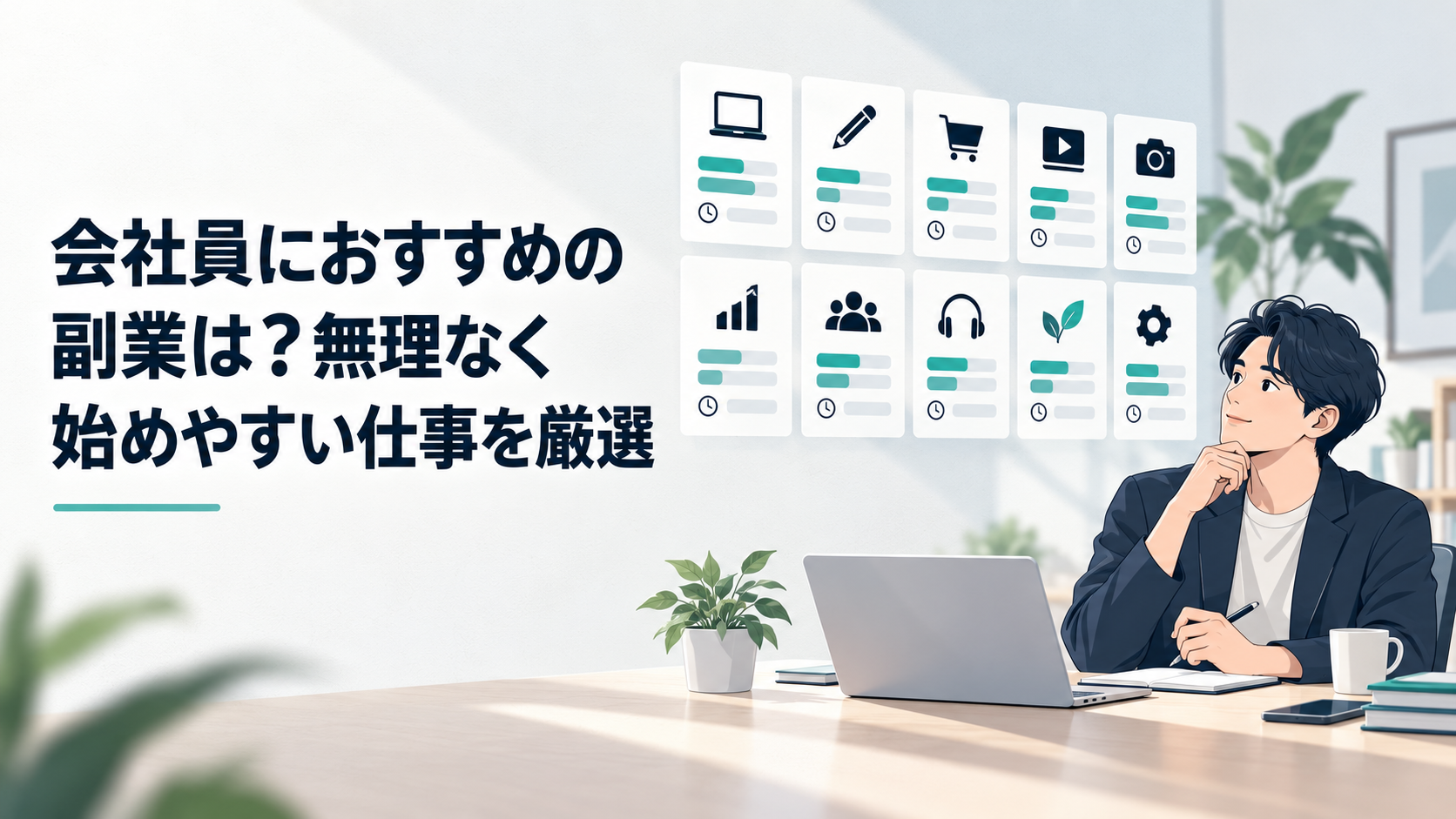 自宅の机で副業10種類の費用と必要時間を比較する会社員