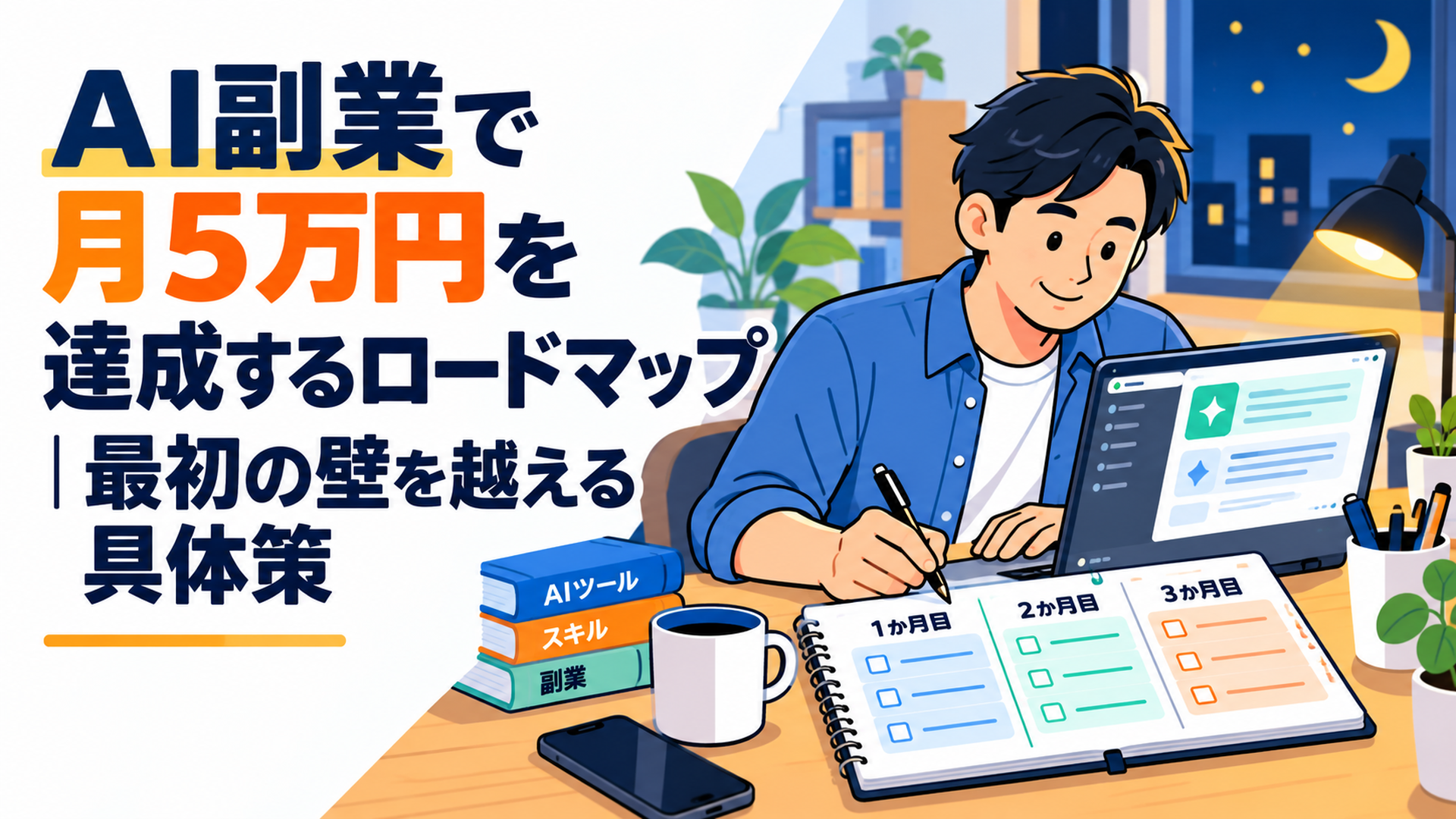 夜の自宅デスクでノートパソコンを開き、AIツールの画面を見ながら手帳に3か月の予定を書き込む30代の男性会社員
