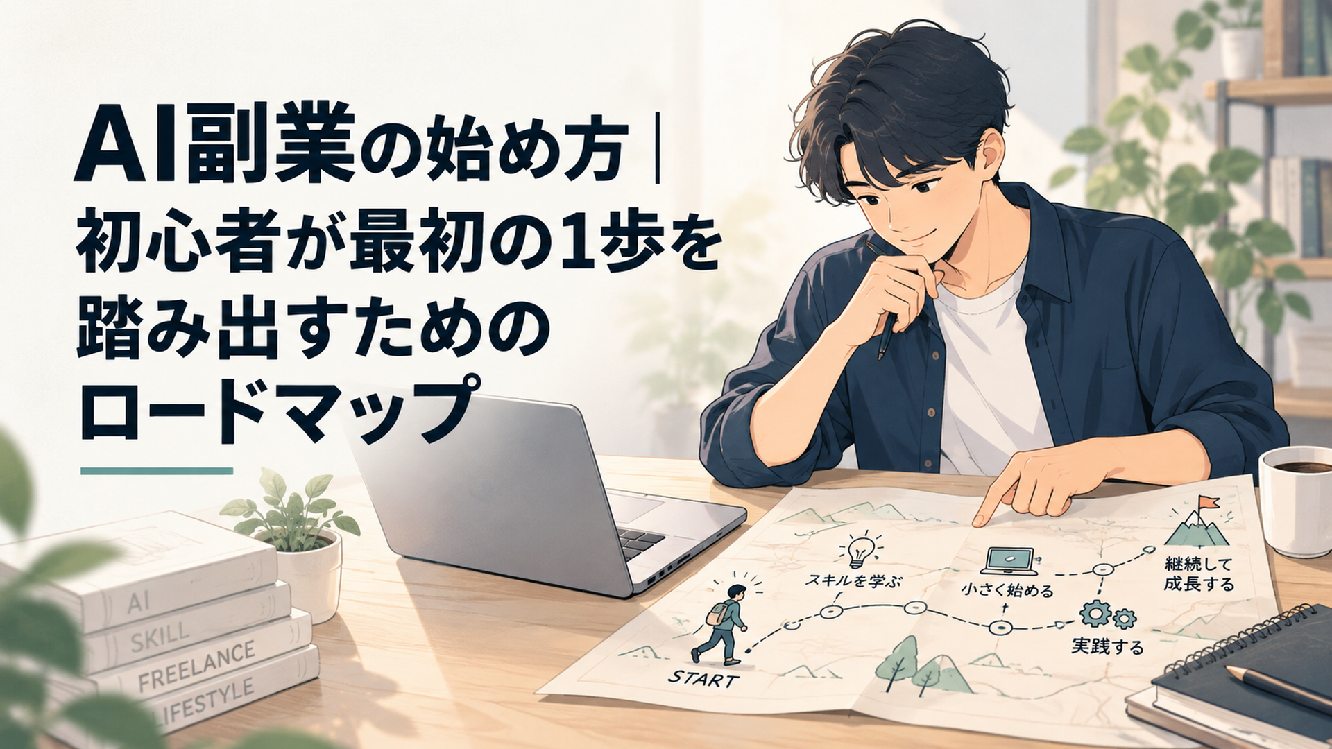 ノートパソコンの前で、手書きの地図のようなロードマップを広げて最初の一歩を確認している初心者の様子
