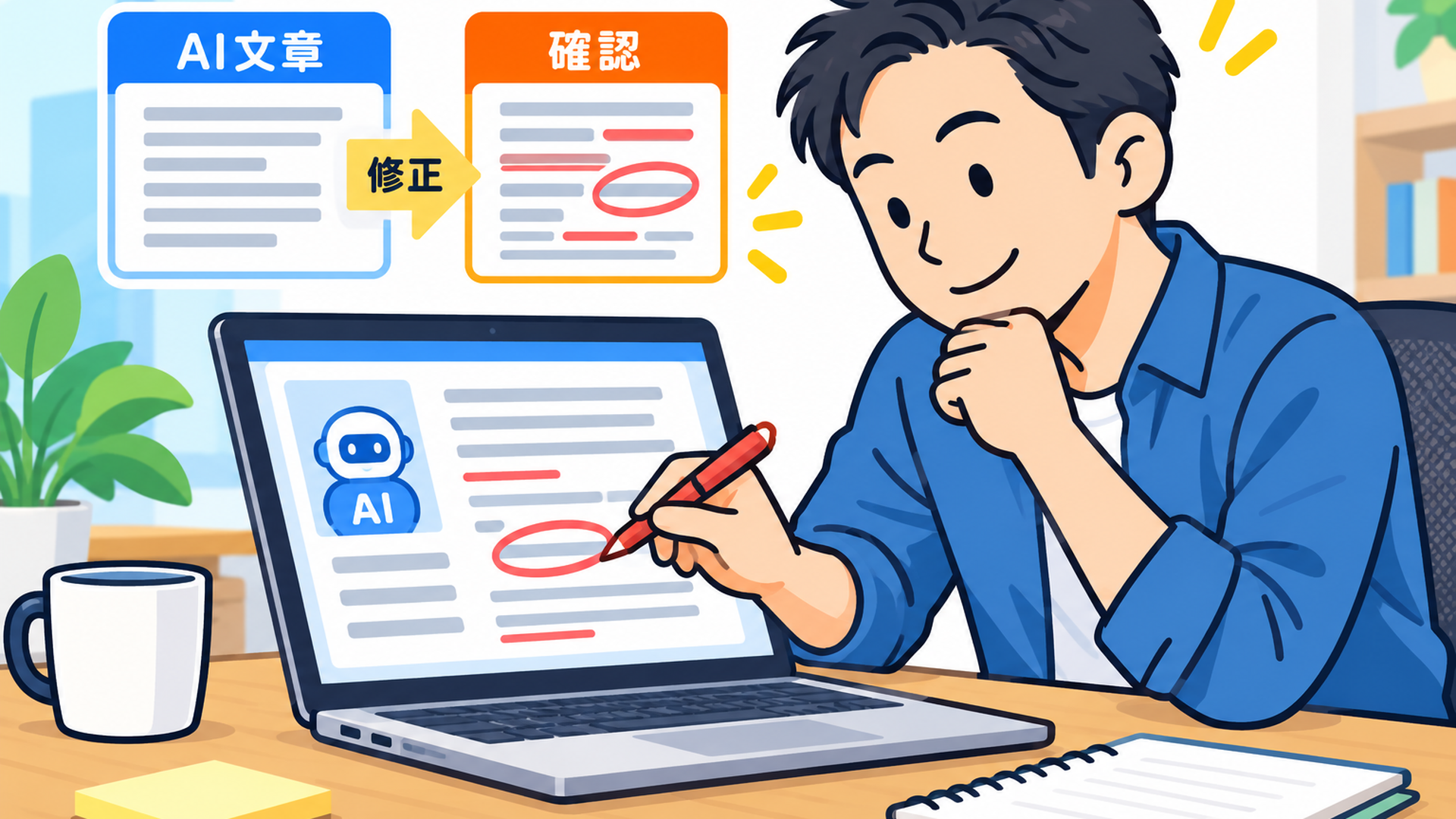 AIが出力した文章を赤ペンで確認・修正している手元とノートPC