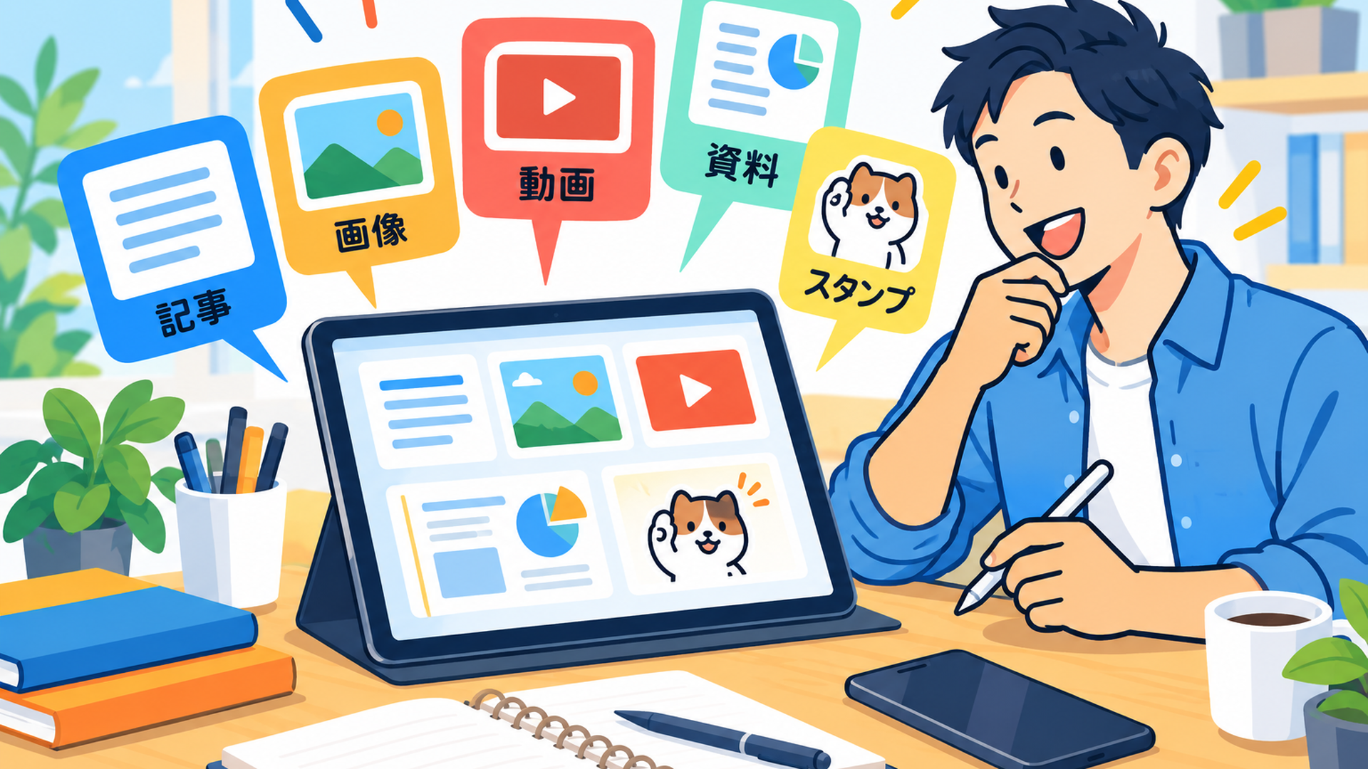 記事・画像・動画・資料・スタンプなど複数ジャンルのアイコンが並ぶデスクとタブレット