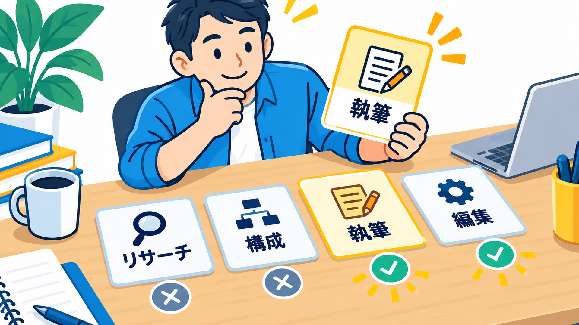 リサーチ・構成・執筆・編集などの工程カードを机に並べ、どれを手元に残すか選んでいる様子